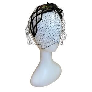 Vintage 1950s Black Veiled Fascinator Velvet Feather Cocktail Hat